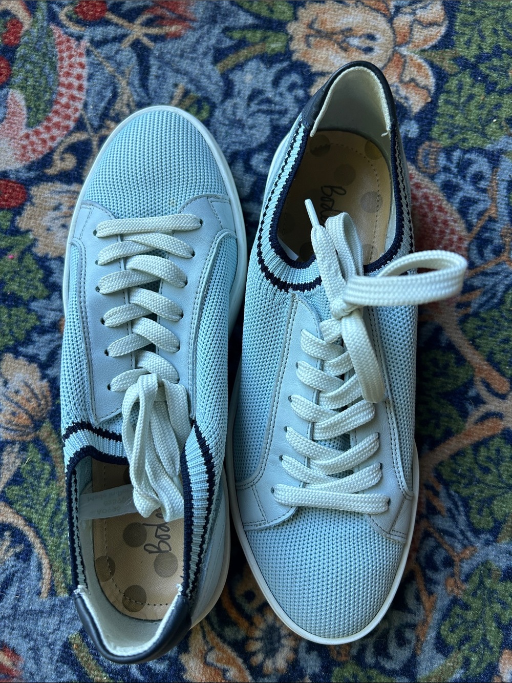 Boden Light Blue Knit Lace-Up Sneakers with Navy Trim